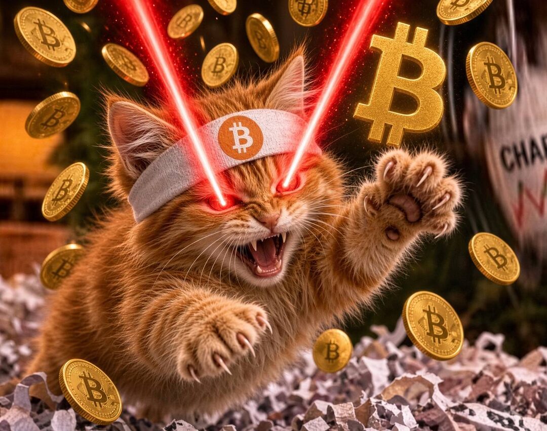 Buy The Cat meme — laser-eyes cat with a Bitcoin